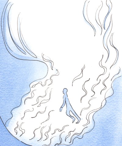 神の子供たちが彼の前で遊んでいるようです、2003年の神の頭の大きくて明るい火から父が手を差し伸べる炎の巻きひげの中で（紙にw - c） 作： Elizabeth Wang