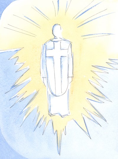 キリスト-ほとんど耐え難いほど眩しく、威厳があり、力強い-は今や天国で君臨し、真の人と真の神、私たちの大祭司、2002年（紙にw - c） 作： Elizabeth Wang