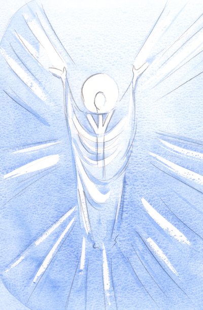 復活し栄光に満ちたキリストは、祝福された秘跡に本当に存在しています。司祭としてローブを着て、2001年に私たちに代わって父に祈る（紙にw - c） 作： Elizabeth Wang