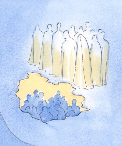 キリストと天国の彼の聖人たちは、2002年に彼の情熱について瞑想している地球上の彼の友人を非常に優しく見下ろしています（紙にw - c） 作： Elizabeth Wang