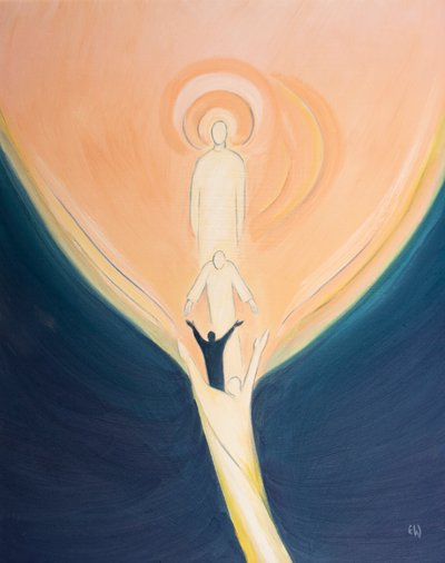 キリストは天国から身を乗り出し、聖霊の力で私たちを神の心に引き寄せます、2001年（船上の油） 作： Elizabeth Wang