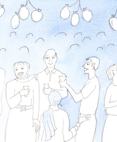 キリストは、私たちが人生や良いたよりを祝うとき、喜びを与え、疲れた心を慰めたいという願望を持って、パーティーで、真の相互の喜びで、友人と食べ物や飲み物を共有することによって喜びをもって見つめます。ヒーブ 作： Elizabeth Wang