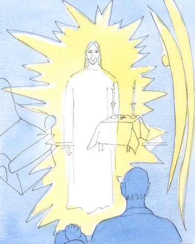 永遠の栄光に君臨する私たちの神であるキリストは、教会の祝福された秘跡と、2004年に聖体拝領を受ける病人の家に本当に存在しています（紙にw - c） 作： Elizabeth Wang
