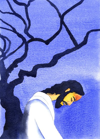 キリストは、2001年、ゲッセマネで、血を汗を流し、先の恐怖について考え、父に苦しみながら祈りました（紙にw - c） 作： Elizabeth Wang