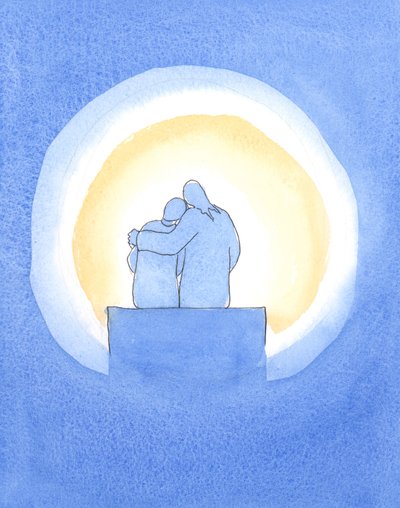 キリストは私たちの魂の「洞窟」の中で私たちのそばに座っています。そこに彼のためのスペースを作れば、彼の作品は開花するでしょう。、2003年（紙にw - c） 作： Elizabeth Wang