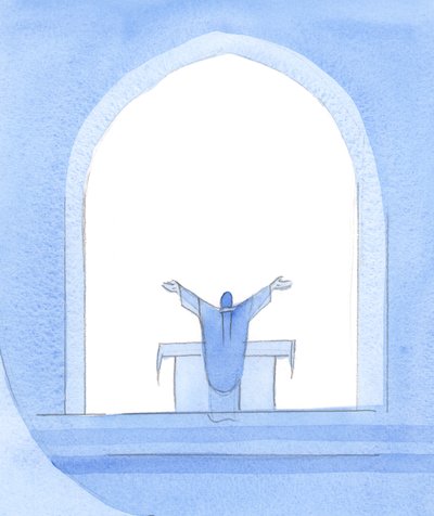 キリストは祭壇に立って、私たちに代わって嘆願し、腕を大きく開いて、彼の民、生計を立て、去った人々のために嘆願し、2002年に私たちの祈りを彼自身のものとして捧げます（紙にw - c） 作： Elizabeth Wang