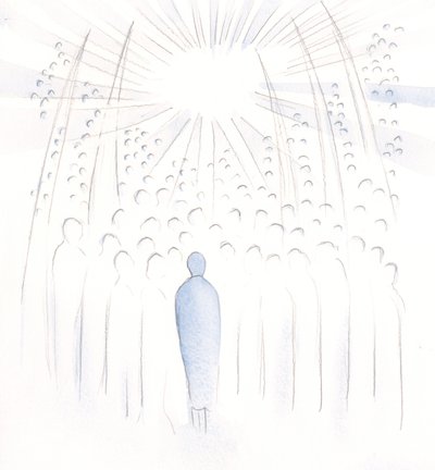 私たちが祈る一人一人が神の光の中に持ち上げられ、聖人の祈りによって助けられます、2000年（紙にw - c） 作： Elizabeth Wang