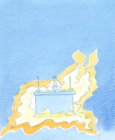 2003年、祭壇の正面から炎が渦巻く（紙にw - c） 作： Elizabeth Wang