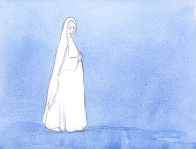 何ヶ月もの間、聖母はキリストを子宮に運びました。彼女は2002年の神の計画における彼女の役割について考える時間がありました（紙にw - c） 作： Elizabeth Wang