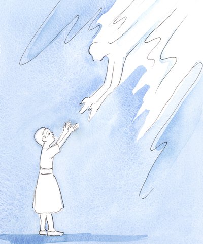 神は彼の「子供たち」の一人からの愛の叫びを、彼の小さな子供からの愛の叫びを聞いた地上の父親が感じた喜びで迎えます、2004年（紙にw - c） 作： Elizabeth Wang