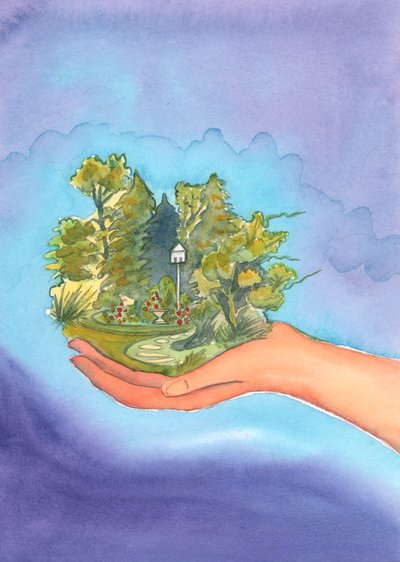 神は世界を作り、すべての生き物に命を与えました。神は私たちの周りの美しさを喜んでおられます。その源泉は2002年です（紙にw - c） 作： Elizabeth Wang