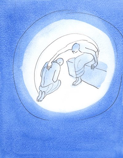 受肉の恐ろしい犠牲を知っている父なる神は、彼の聖霊を通して、私たちの救いのために地球に来ることに喜んで同意する彼の最愛の息子に手を差し伸べます、2003年（紙にw - c） 作： Elizabeth Wang
