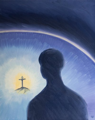 父なる神は、キリストが罪人を救うという彼の計画を実行するために進んで苦しんだので、愛と称賛の中で見下します、2003年（船上の油） 作： Elizabeth Wang