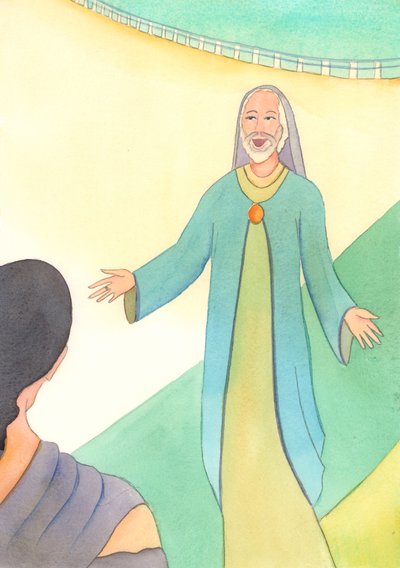 父なる神は、美徳に失敗した人が悔い改めたときはいつでも、無限の親切で見守っています、2004年（紙にw - c） 作： Elizabeth Wang