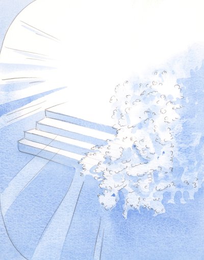 神は殉教した僧侶を聖人の仲間に迎えました。栄光への入り口を飾った白い花、2002年（紙にw - c） 作： Elizabeth Wang