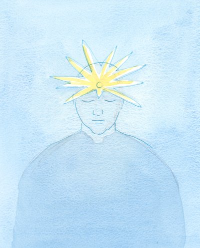 彼は彼の聖体拝領と友人の祈りによって変容しました。彼の額には、並外れた光を放つ新しい宝石が輝いていました。2003年の特定の美徳の兆候（紙にw - c） 作： Elizabeth Wang