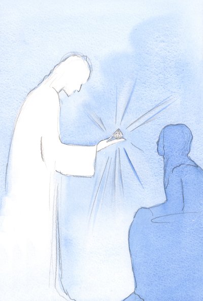 彼は水晶のような形をした小さなトロフィーを差し出しました。それは私が追求した2002年の意図の純粋さを表しています（紙にw - c） 作： Elizabeth Wang