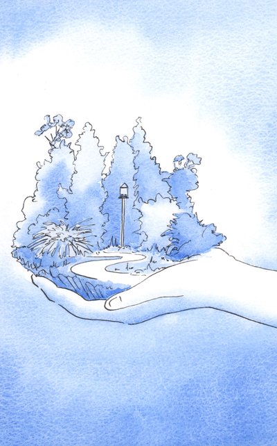 彼は伸ばした手にあるかのように私に庭を見せてくれた。彼は言った：「あなたを喜ばせるために、私が作ったものを見てください？」、2002年（紙にw - c） 作： Elizabeth Wang