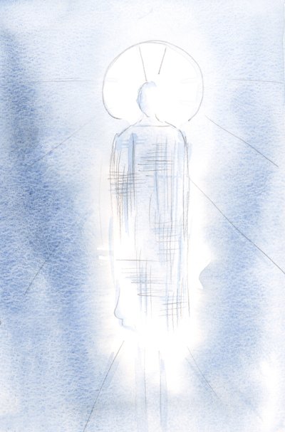 彼は威厳のある王室のローブに立っていました。彼の頭は光で囲まれていました。、2001年（紙にw - c） 作： Elizabeth Wang