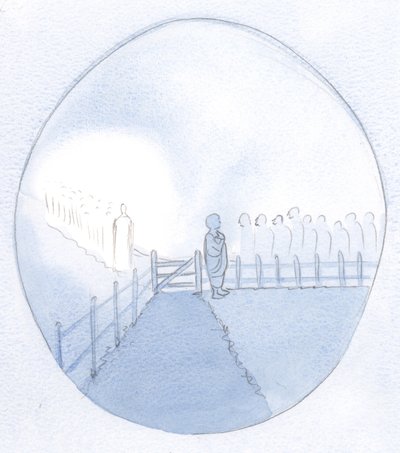 私は、王室の訪問者を待っている、自己重要性に満ちた小さな農民の女性として無駄な魂を見ました。しかし、彼のピアスの足はむき出しでした。、2001年（紙にw - c） 作： Elizabeth Wang