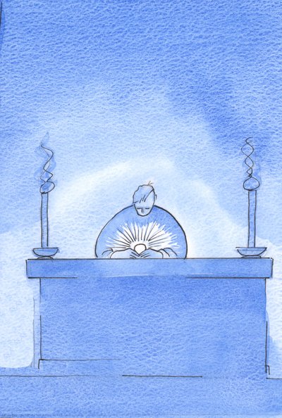 私は聖なるホストから流れる光線を見ました：キリストの神性と「放射光」画像の起源を思い出させる、2003年（紙にw - c） 作： Elizabeth Wang