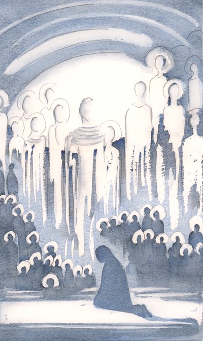 私たちが地球で崇拝している間、私は天国で神を崇拝する人々の集まりの栄光を見ました、2000年（紙にw - c） 作： Elizabeth Wang