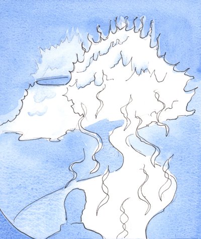 私は神の頭の表現を見せられました：火の山、その頂上は私に向かって移動し、神の甘さで私に触れました、2003年（紙にw - c） 作： Elizabeth Wang