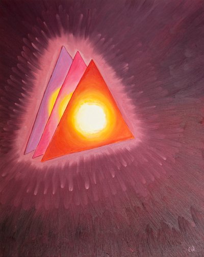 私は聖三位一体のシンボルを見せられました：それぞれの中心に溶岩（神の愛を表す）のような火が付いた3つの三角形、2003年（船上の油） 作： Elizabeth Wang