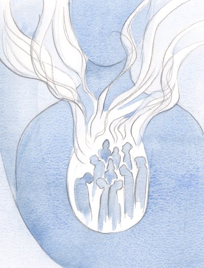 キリストの愛が私たちの心の中で火のように燃えるならば、それは私たちが大切にし、そこで抱く人々の生活に触れるでしょう、2000年（紙にw - c） 作： Elizabeth Wang