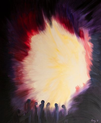 私たちが祈りの暗闇の中で頑張れば、神は最終的に私たちを神の光と知恵に導きます、2000年（船上の油） 作： Elizabeth Wang