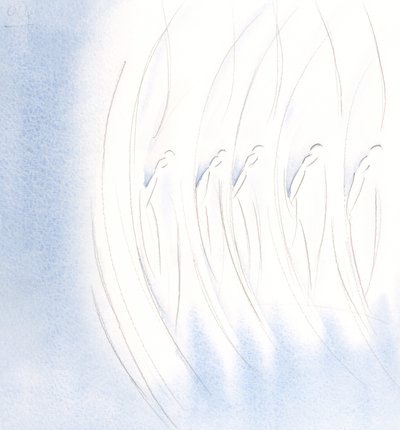 夕方、私は、十字架の印を作る際に、天使の聖なる仲間が一つになっているのを見ました。、2000年（紙にw - c） 作： Elizabeth Wang