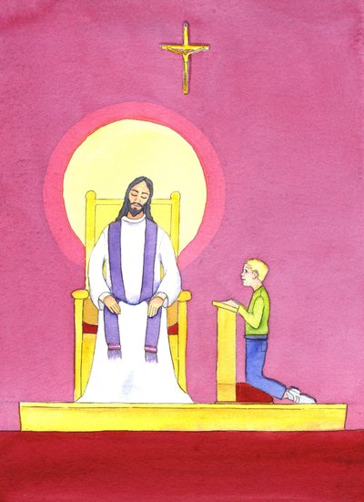 告白の秘跡で、司祭はキリストの人の牧師を務め、彼の思いやりと憐れみを悔い改めた人にもたらしました、2001年（紙にw - c） 作： Elizabeth Wang