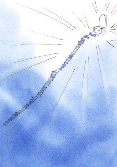 精神的な生活の中で、階段が前方にあり、非常に急でありながら、休憩所があります。一番上には神の御座が立っています。道は明確です、2002年（紙にw - c） 作： Elizabeth Wang