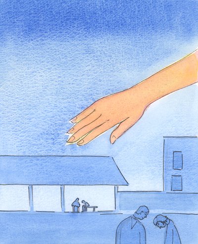 それはまるで、父の手が自白が聞かれる場所を越えて手を差し伸べているかのようです、2003年（紙にw - c） 作： Elizabeth Wang