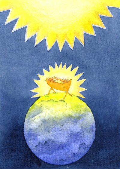 イエス・キリストは神によって造られた人です。それでも彼は権力ではなく、無力な赤ん坊として地球にやって来ました、2001年（紙にw - c） 作： Elizabeth Wang