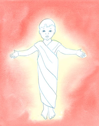 イエス・キリストは真の神であり、私たちの人間性を引き受け、単なる幼児として私たちの間に来る謙遜さと善良さを持っています、2003年（紙にw - c） 作： Elizabeth Wang