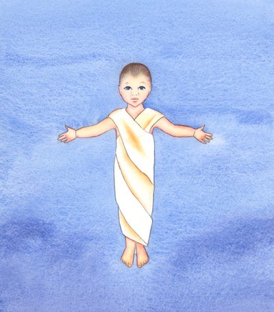 イエス・キリストは真の神であり、私たちの人間性を引き受け、単なる幼児として私たちの間に来る謙遜さと善良さを持っています、2003年（紙にw - c） 作： Elizabeth Wang