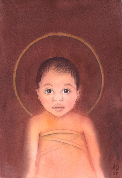 イエス・キリストは真の神であり、私たちの人間性を引き受け、単なる幼児として私たちの間に来る謙遜さと善良さを持っています、2003年（紙にw - c） 作： Elizabeth Wang