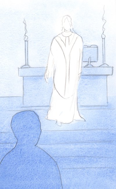 イエスはミサで私たちの中にいて、司祭として服を着て、私たちを祈りに導くために私たちの方を向いていました、2000年（紙にw - c） 作： Elizabeth Wang