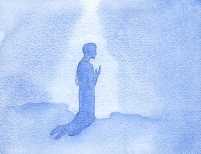 ガリラヤの丘の中腹にひざまずいて、イエスは神を賛美し、聖母と彼女の愛と祈りを神に感謝しました。、2001年（紙にw - c） 作： Elizabeth Wang