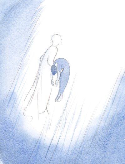 かつて、キリストはその浄化の後に去った魂を素早く受け入れ、それを-ちょうど出産したばかりの生まれたばかりの赤ちゃんのように-天国に向かって高く持ち上げました。、2001年（紙にw - c） 作： Elizabeth Wang