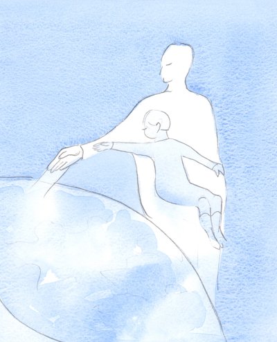キリストの名によって祈る人は、天の父に抱かれ、腕を動かして他の人を助け、癒すことができる子供のようなものです。2002年（紙にw - c） 作： Elizabeth Wang