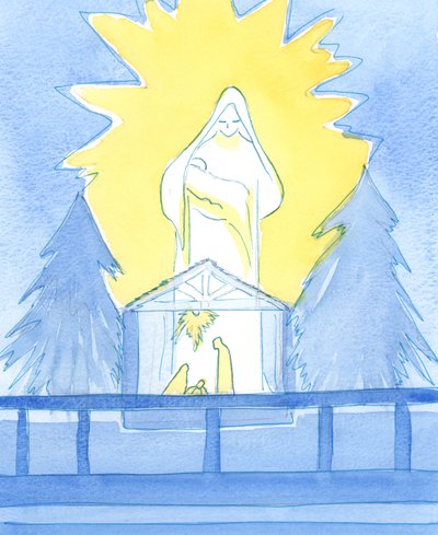 私たちの祝福された女性は、栄光の中で聖母礼拝堂に立って、2003年に息子の私たちの主の誕生の饗宴で私たちの喜びをどのように分かち合っているかを示しました（紙にw - c） 作： Elizabeth Wang