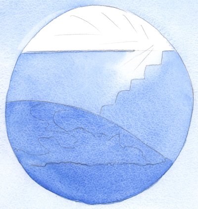 地球上の私たちの生活は、まるで巨大な宮殿の地下室にいるかのように、暗闇の中で生きています。精神的な階段は2002年に天国に通じています（紙にw - c） 作： Elizabeth Wang
