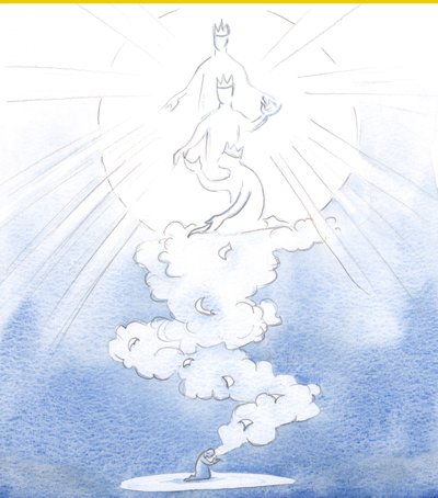 他の人への私たちの祈りは、2000年に私たちの愛する人たちのすべての名前を冠した、天の床、聖三位一体の神への香の雲に乗って運ばれる手紙のように立ち上がる（紙にw - c） 作： Elizabeth Wang