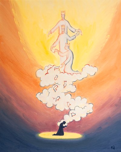 他の人への私たちの祈りは、2000年に私たちの愛する人たちのすべての名前を冠した、天の床、聖三位一体の神への香の雲に乗って運ばれる手紙のように立ち上がる（船上の油） 作： Elizabeth Wang