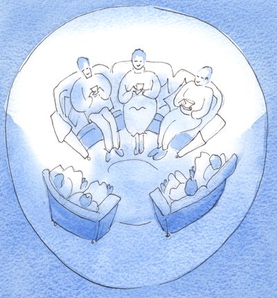祈りは、忙しい一日を過ごした後、親しみやすい沈黙の中で一緒に座っている、幸せで団結した家族のメンバーの集まりのようなものです。2003年（紙にw - c） 作： Elizabeth Wang