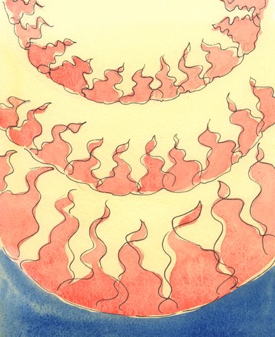 炎の列が地獄の奥深くに見られます。そこでは、自分の選択のために、欲望、プライド、不従順、または思いやりの欠如で死ぬまで生きた無慈悲な魂が抱かれています。 作： Elizabeth Wang