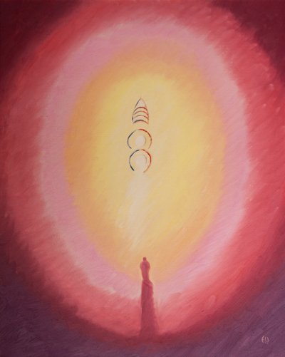 聖人と天使は3人の神の人の周りに集まります。父なる神は、2001年に三冠で「戴冠」しました（船内の油） 作： Elizabeth Wang