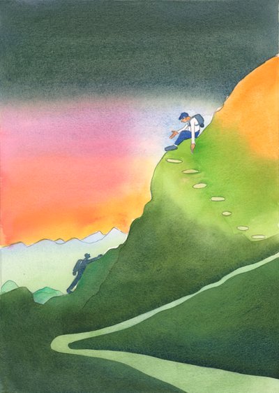 祈りの中で「高く」され、主から他の人を導くように頼まれた人は、2003年の山腹の登山家のようなものです（紙にw - c） 作： Elizabeth Wang